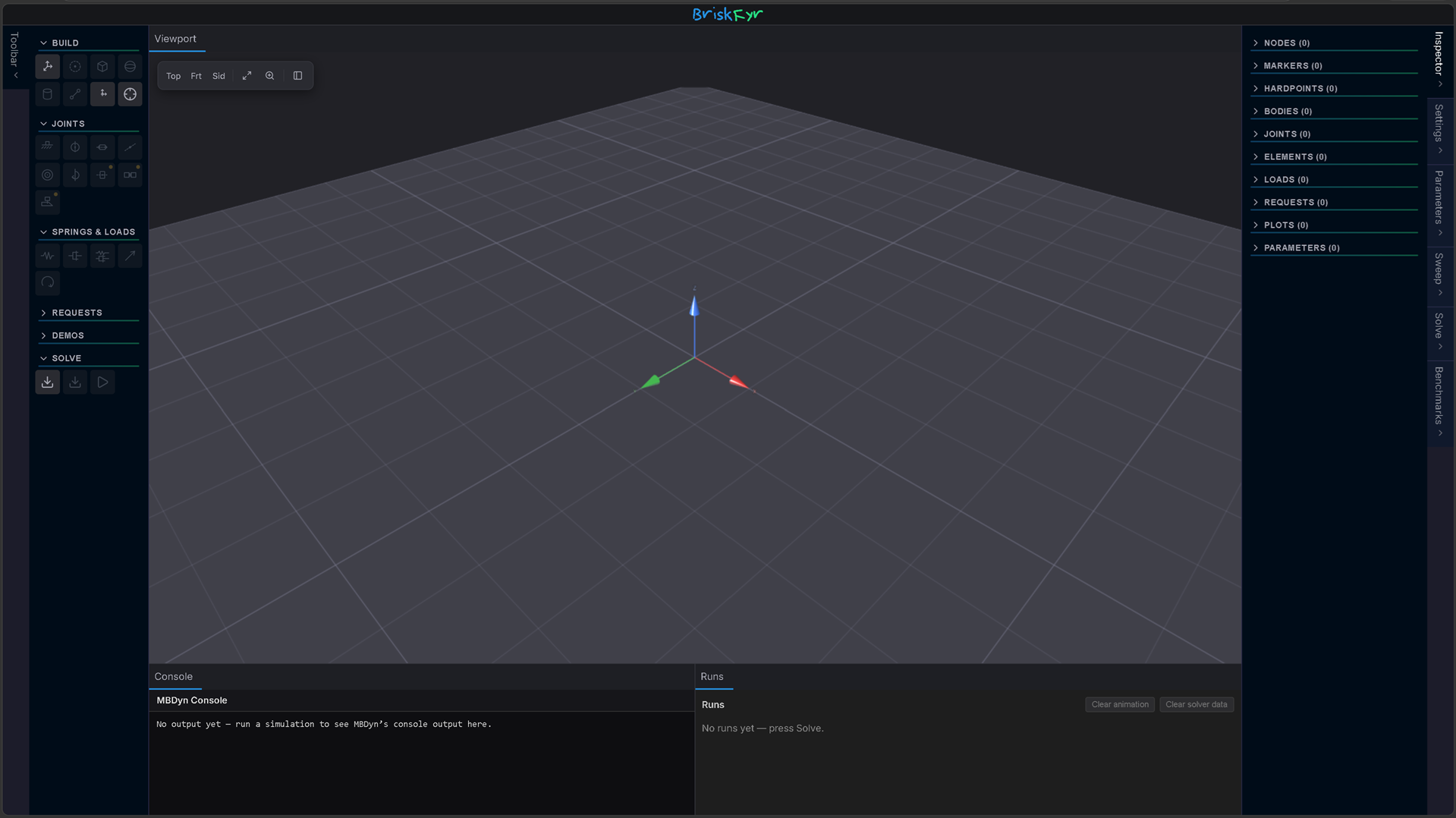 The BriskFyr workspace on first load — toolbar (left), 3D viewport with grid (centre), Inspector tree (right).