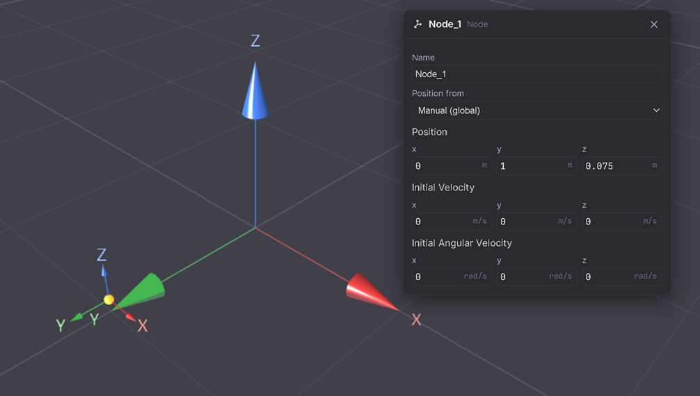 A single node added — node glyph in the viewport, Node_1 in the Inspector tree.