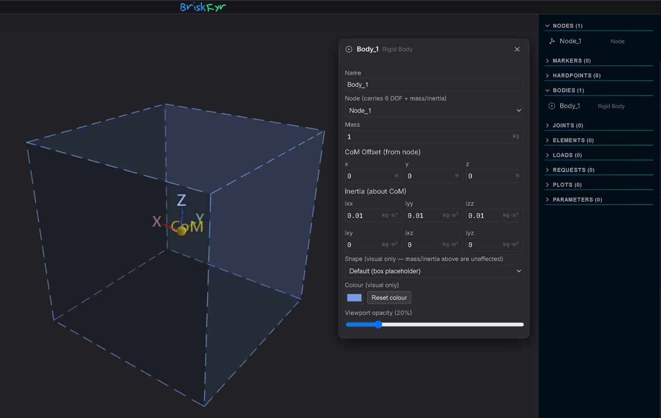 Body_1 added on the raised node (Mass = 1 kg).