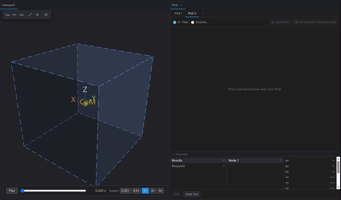 After solving — the playback bar (Play, scrub, time read-out, speed) docks at the bottom of the viewport.