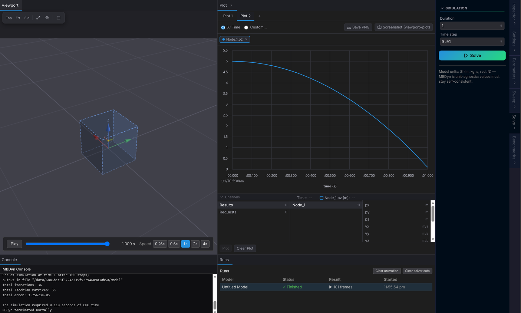 Playback at t = 1.000 s — the body rests just above the grid, ~4.9 m below its start.