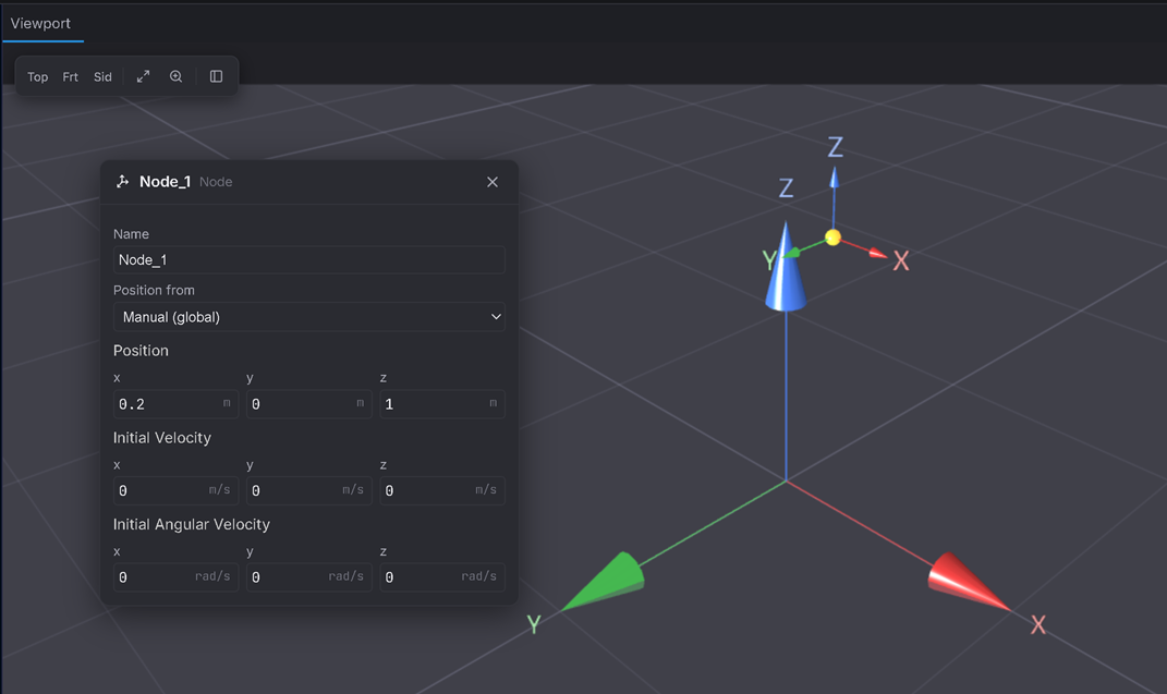 Node form with Position 0.2 / 0 / 1.0 — the node glyph offset to one side, 1 m above the grid.