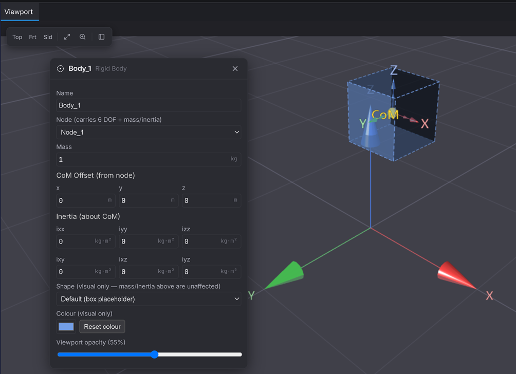 Body_1 added on the offset node (mass 1 kg).