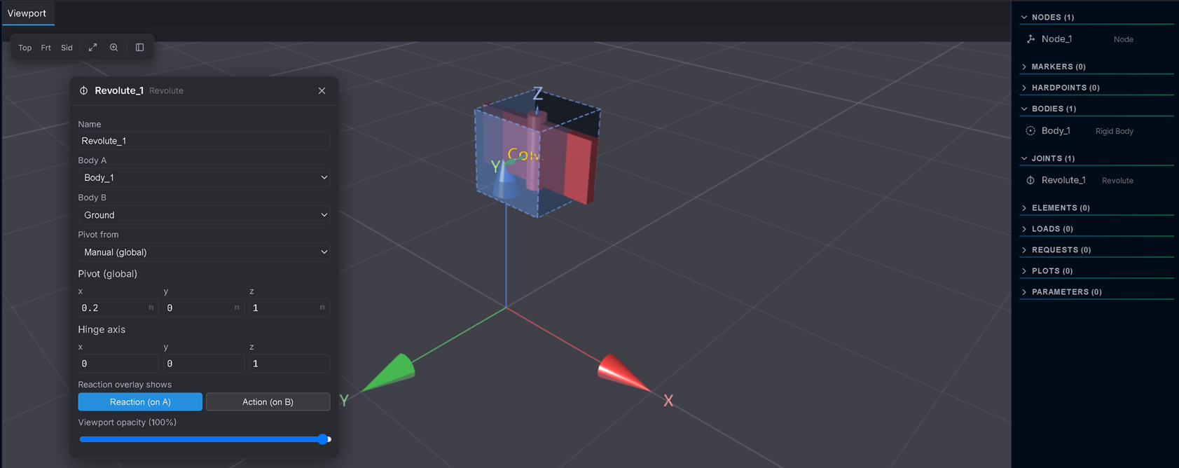 The Revolute just after adding it, before editing — the default vertical axis (0, 0, 1).