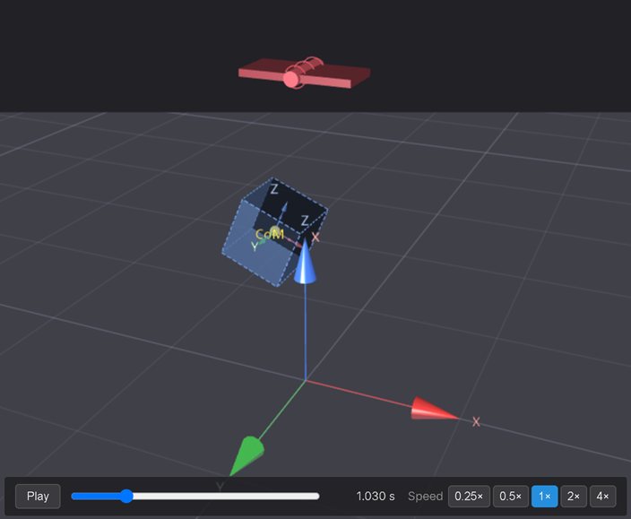 Playback mid-swing — the pendulum off to one side, in the X–Z plane.