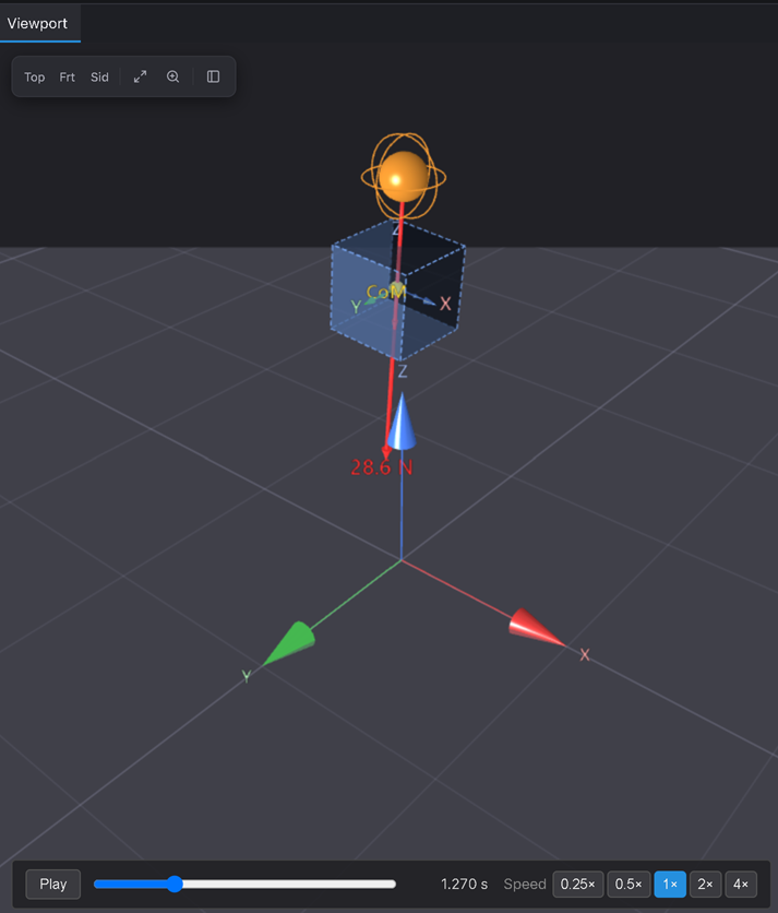 The body swinging from the ball pivot at (0, 0, 2) — free to rotate in any direction, pivot fixed.