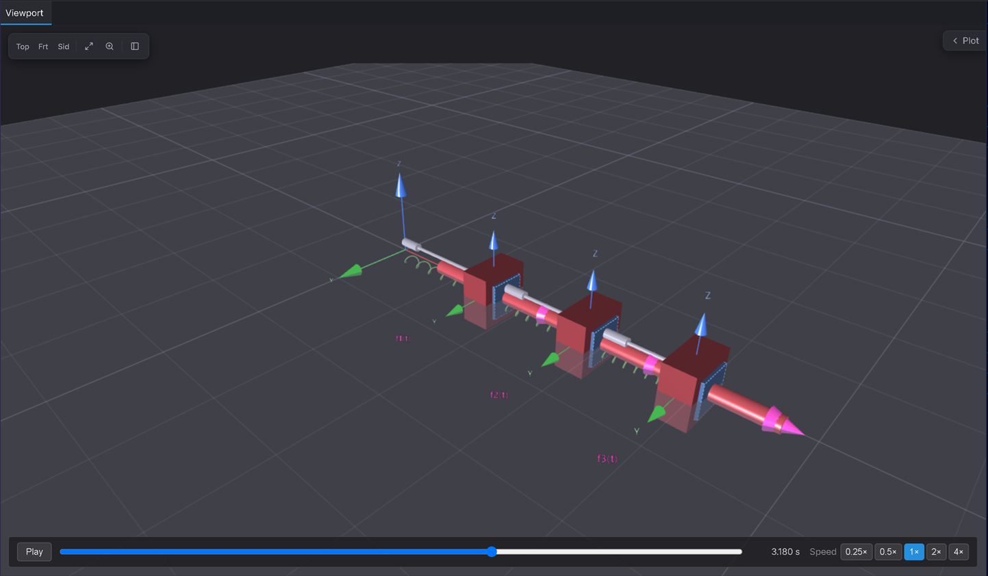 The 3-DOF Spring-Mass-Damper demo loaded — three boxes on rails with helix springs + dashpots between them.
