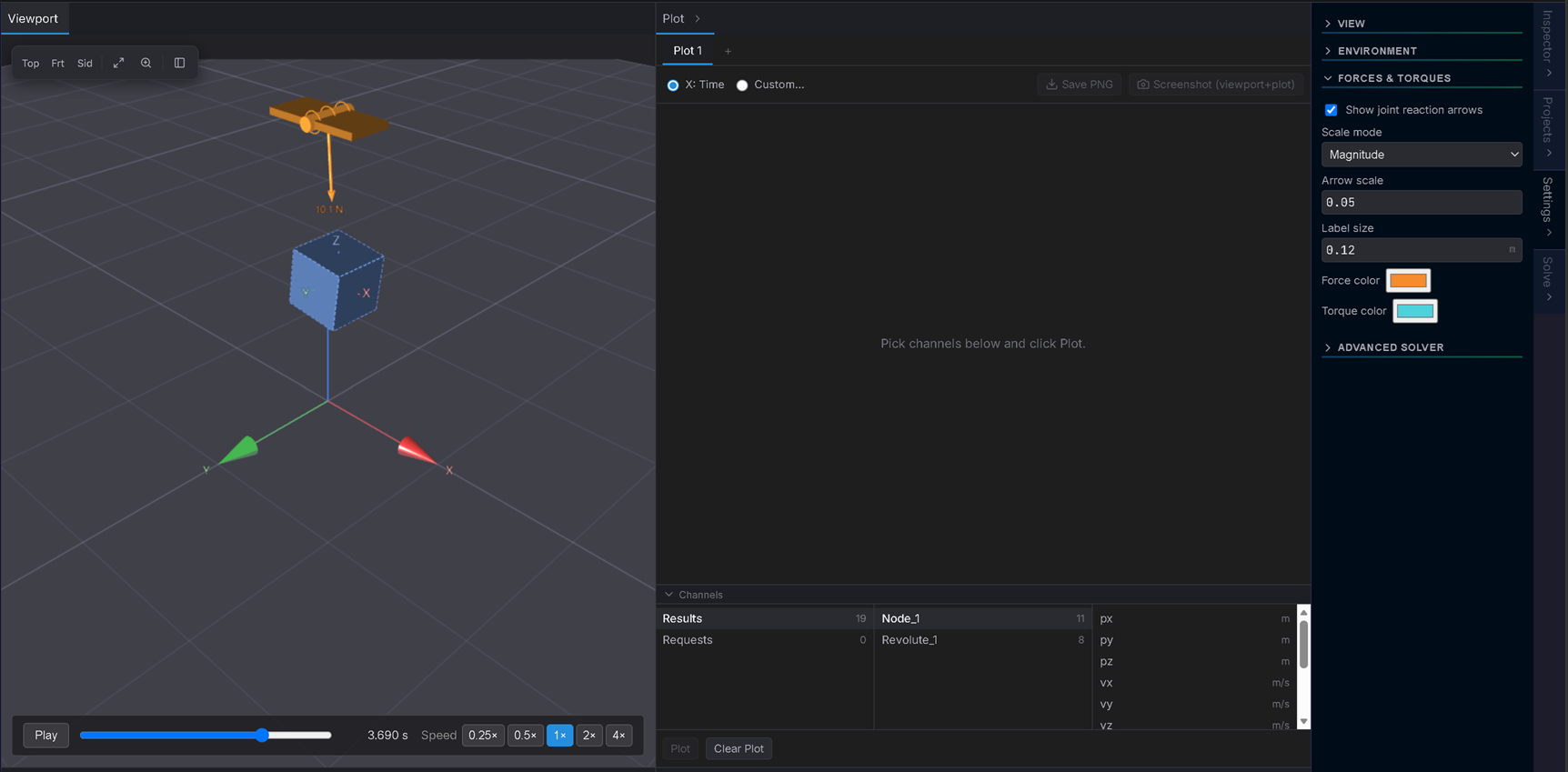 Settings ▸ Forces & torques with "Show joint reaction arrows" ticked (Scale mode Magnitude, Arrow scale, Label size, Force/Torque colour) and a ~10 N reaction arrow drawn at the Revolute pivot. The right-edge tabs — Inspector / Projects / Settings / Solve — confirm the free-tier UI (no Parameters/Sweep).