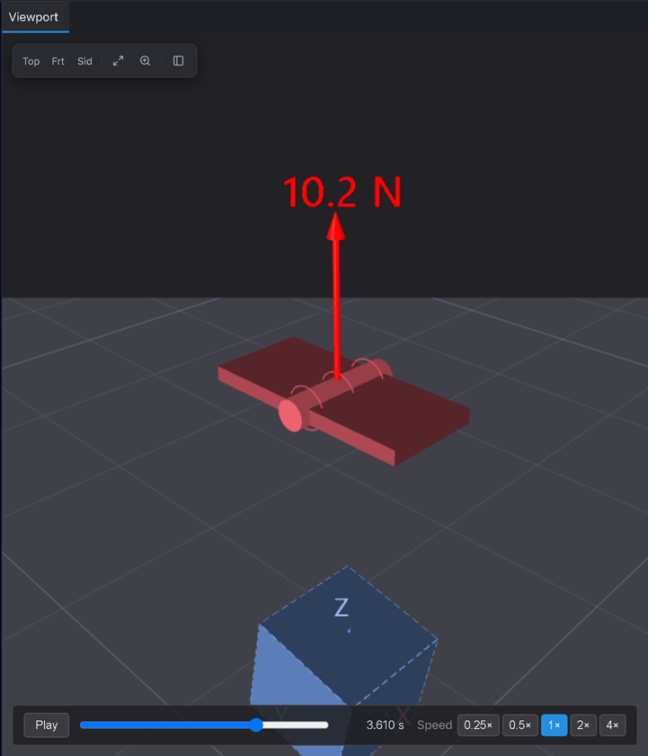 After a Zoom-window drag on the pivot: the Revolute joint glyph and its reaction arrow ("10.2 N") fill the viewport, with the ViewBar at top-left.