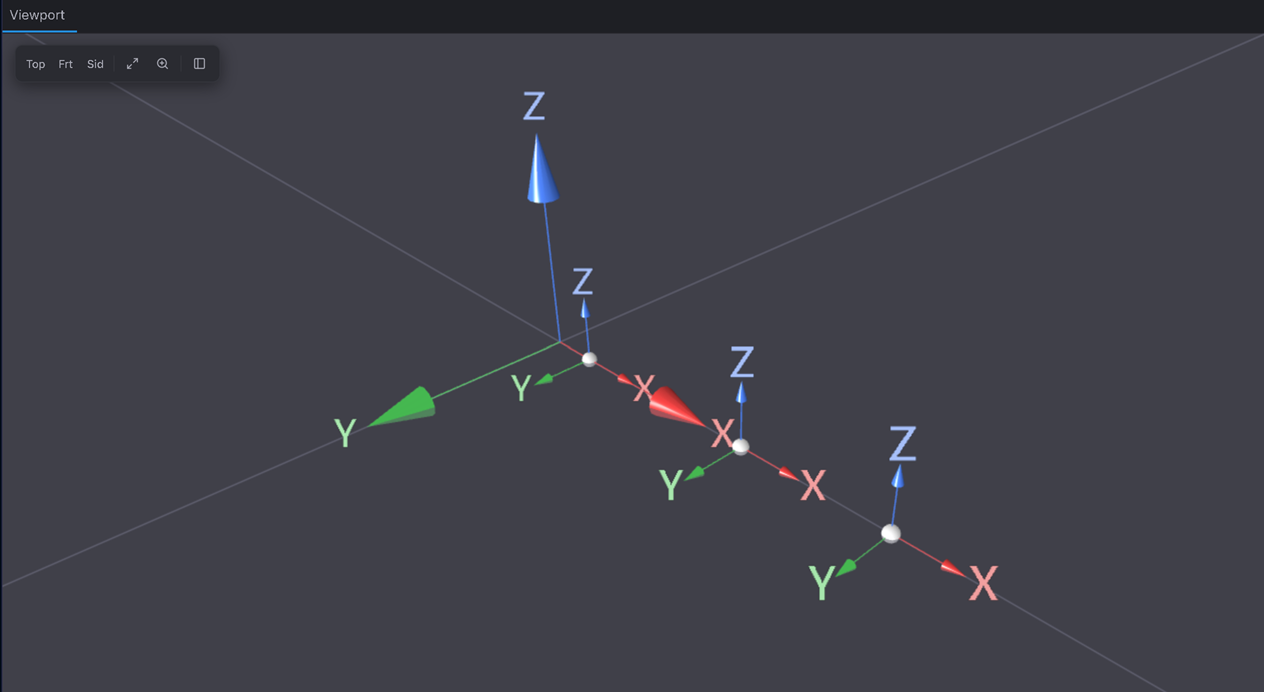 Three nodes strung along the +X axis at x = 0.0225, 0.120 and 0.195 m — a small engine, only about 20 cm across.