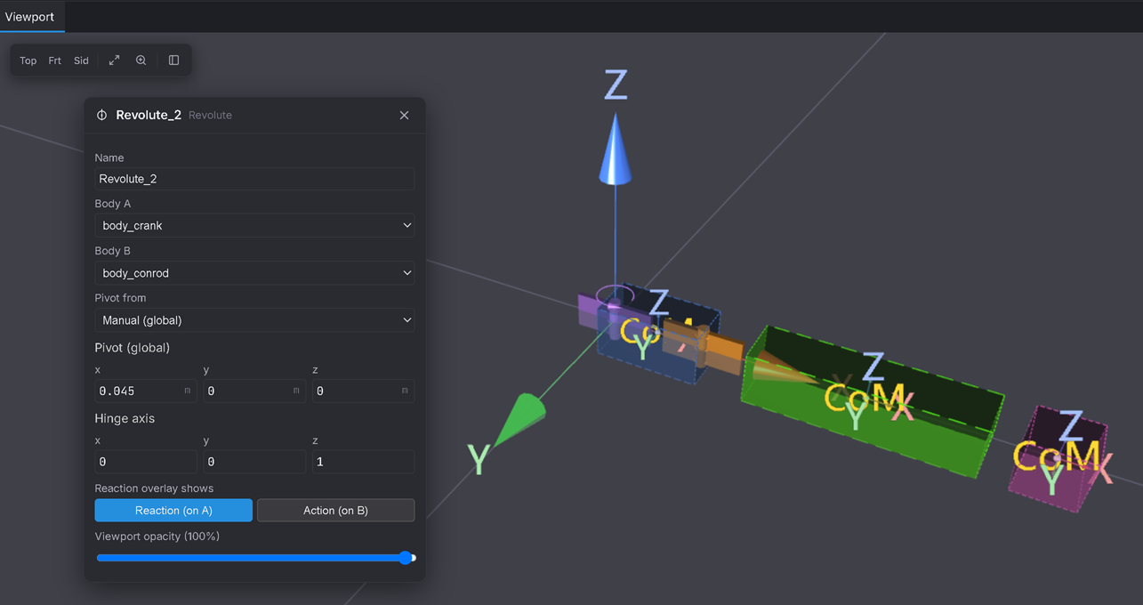 The crank–conrod Revolute form: Body A body_crank, Body B body_conrod, Pivot (global) (0.045, 0, 0), Hinge axis (0, 0, 1).
