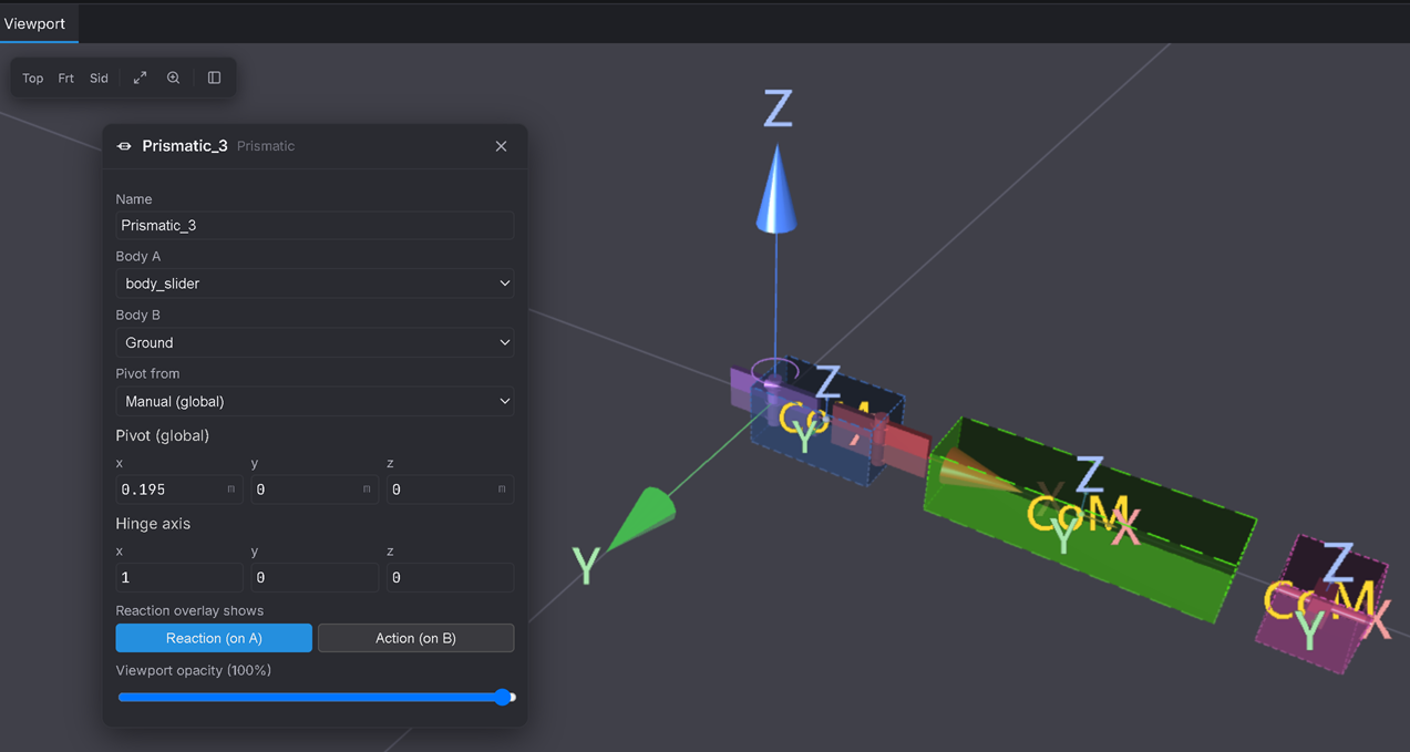 The slider–ground Prismatic form: Body A body_slider, Body B Ground, Pivot (global) (0.195, 0, 0), Hinge axis (1, 0, 0) — the slide axis.