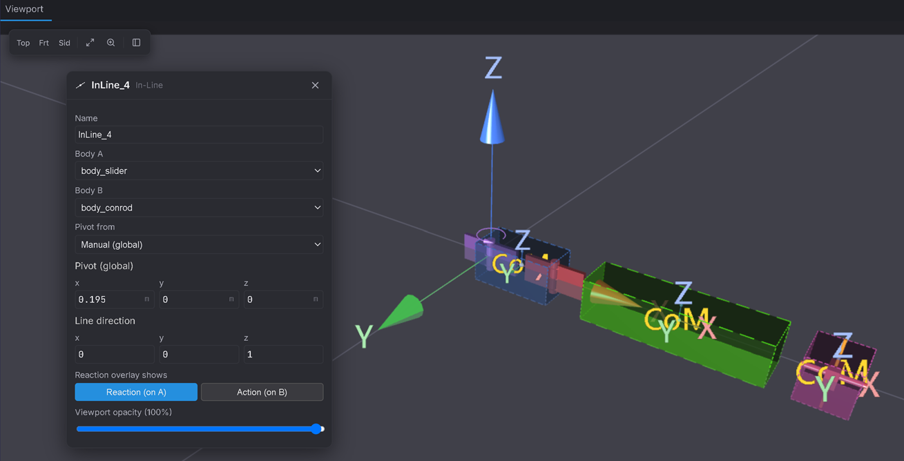 The conrod–slider In-Line form: Body A body_slider, Body B body_conrod, Pivot (global) (0.195, 0, 0), Line direction (0, 0, 1).